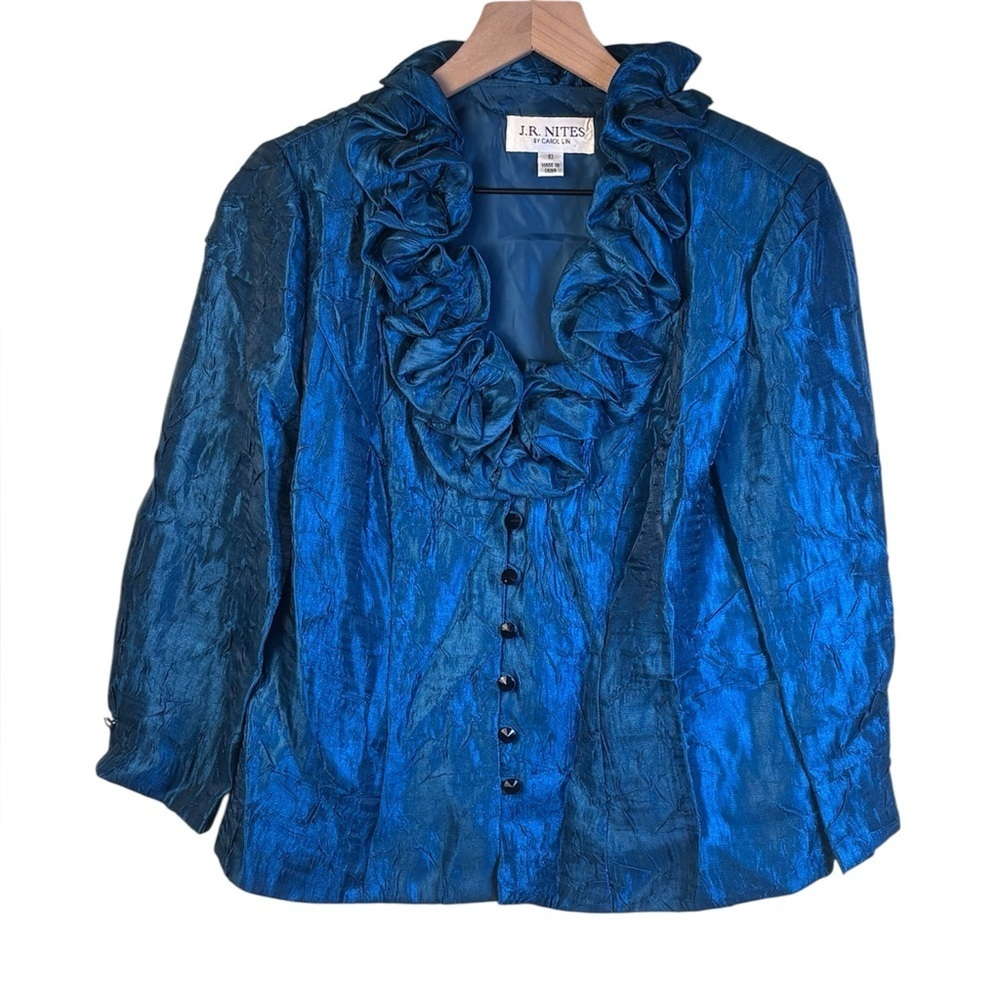 J.R. Nites by Carol Lin Metallic Blue Ruffled Iridescent Evening Jacket Size 10
